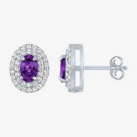 Gemstone & Lab-Created White Sapphire Sterling Silver Oval Double Halo Stud Earrings