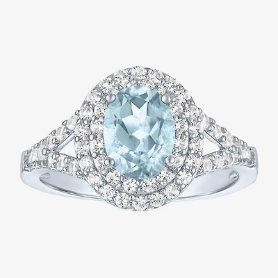 Gemstone and Lab-Created White Sapphire Sterling Silver Oval Double Halo Cocktail Ring