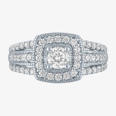 (G-H/ Si2-I1) Womens 1 CT. T.W. Lab Grown White Diamond 10K Gold Cushion Side Stone Cocktail Ring