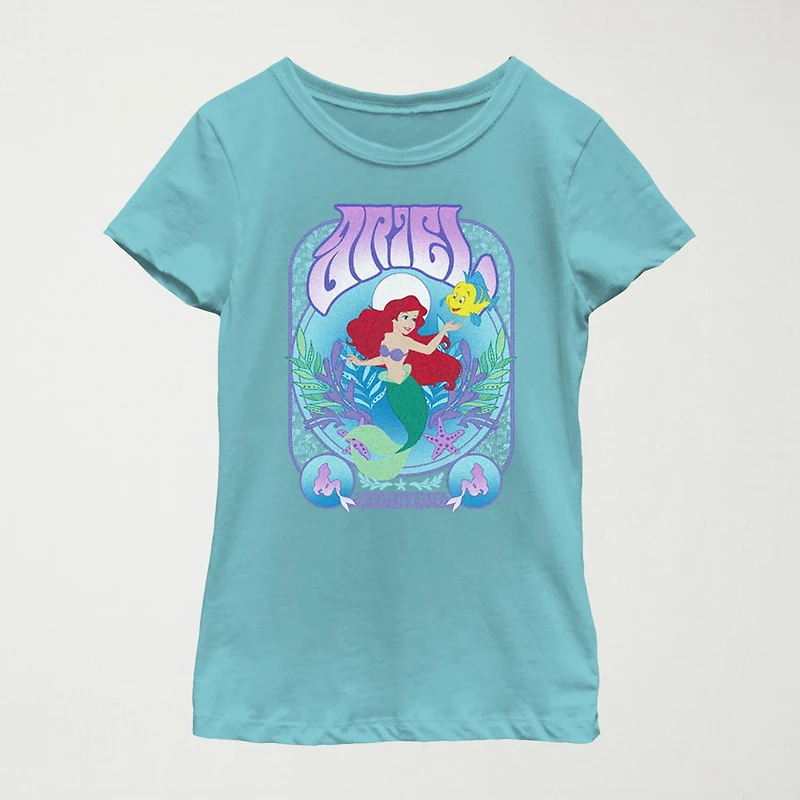Disney Little & Big Kid Girls Crew Neck Short Sleeve Slim Fit Ariel Princess The Mermaid Graphic T-Shirt