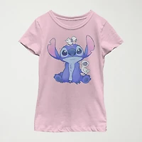 Disney Little & Big Kid Girls Crew Neck Short Sleeve Slim Fit Lilo Stitch Graphic T-Shirt