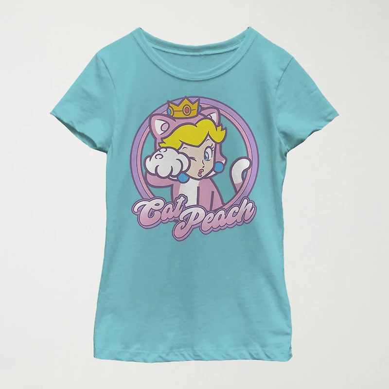 Princess Peach Little & Big Kid Girls Crew Neck Short Sleeve Slim Fit Super Mario Graphic T-Shirt