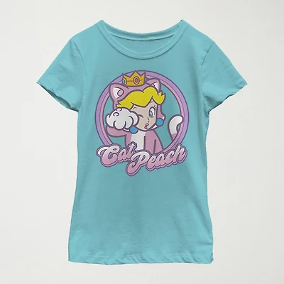 Princess Peach Little & Big Kid Girls Crew Neck Short Sleeve Slim Fit Super Mario Graphic T-Shirt