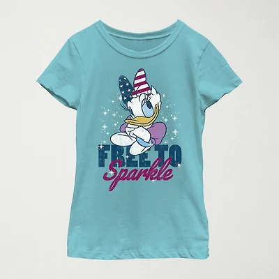 Disney Little & Big Kid Girls Crew Neck Short Sleeve Flag Slim Fit Mickey and Friends Graphic T-Shirt
