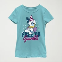 Disney Little & Big Kid Girls Crew Neck Short Sleeve Flag Slim Fit Mickey and Friends Graphic T-Shirt