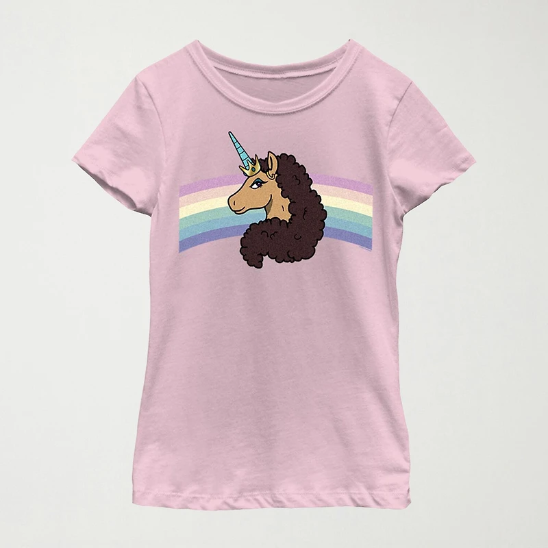 Little & Big Kid Girls Crew Neck Short Sleeve Regular Fit Afro Unicorn Graphic T-Shirt