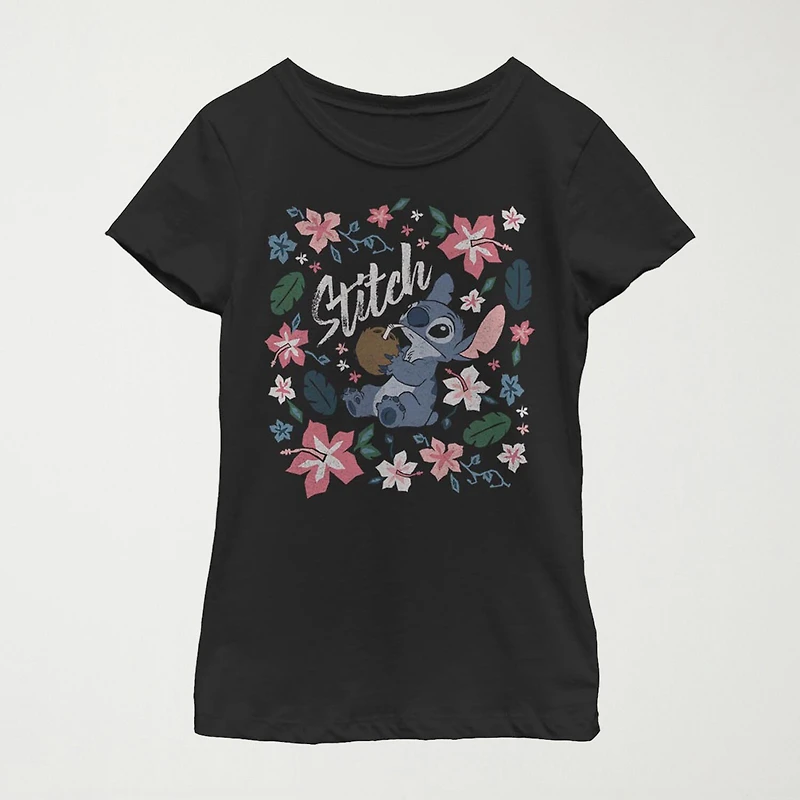 Little & Big Kid Girls Crew Neck Short Sleeve Slim Fit Lilo Stitch Graphic T-Shirt