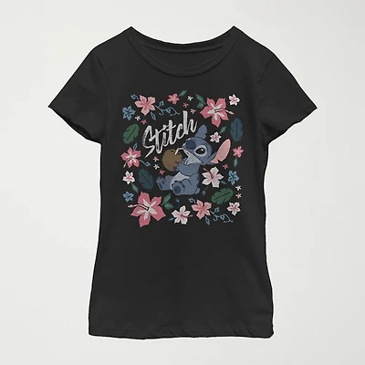 Little & Big Kid Girls Crew Neck Short Sleeve Slim Fit Lilo Stitch Graphic T-Shirt