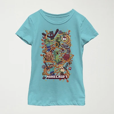 Little & Big Kid Girls Crew Neck Short Sleeve Regular Fit Minecraft Graphic T-Shirt