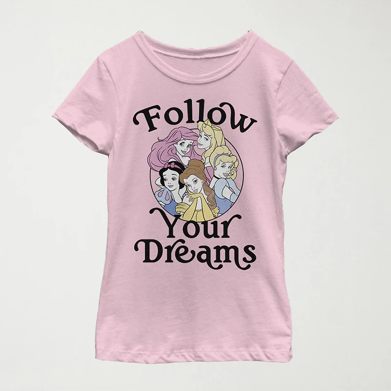 Follow Your Dreams Little & Big Kid Girls Crew Neck Short Sleeve Slim Fit Princess Graphic T-Shirt