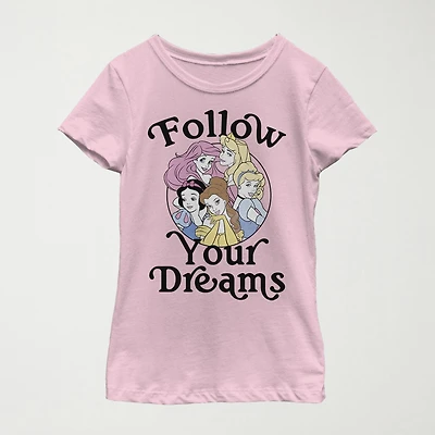 Follow Your Dreams Little & Big Kid Girls Crew Neck Short Sleeve Slim Fit Princess Graphic T-Shirt