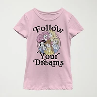 Follow Your Dreams Little & Big Kid Girls Crew Neck Short Sleeve Slim Fit Princess Graphic T-Shirt
