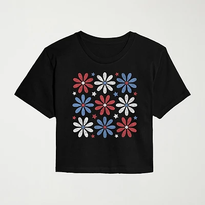 Red White Blue Daisies Cropped Womens Juniors Crew Neck Short Sleeve Classic Fit Graphic T-Shirt