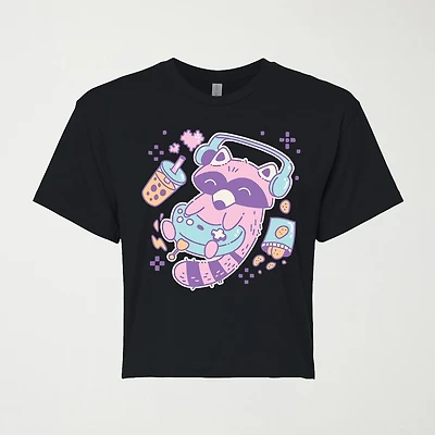 Kawaii Racoon Gamer Cropped Womens Juniors Crew Neck Short Sleeve Classic Fit Graphic T-Shirt