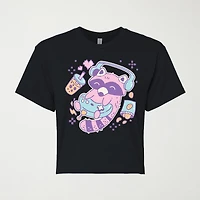 Kawaii Racoon Gamer Cropped Womens Juniors Crew Neck Short Sleeve Classic Fit Graphic T-Shirt