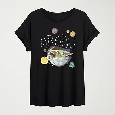 Grogu Space Womens Juniors Round Neck Short Sleeve Oversized Baby Yoda Star Wars Graphic T-Shirt