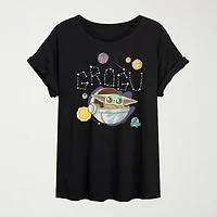 Grogu Space Womens Juniors Round Neck Short Sleeve Oversized Baby Yoda Star Wars Graphic T-Shirt
