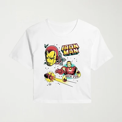 Traditional Tattoo Womens Juniors Crew Neck Short Sleeve Classic Fit Iron Man Marvel Graphic T-Shirt
