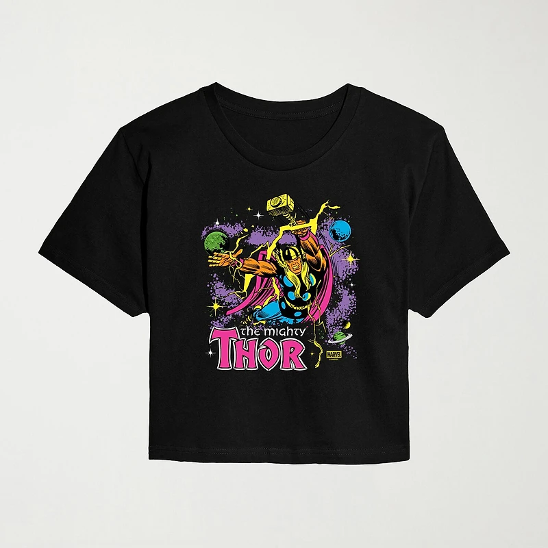 The Mighty Thor Neon Cropped Womens Juniors Crew Neck Short Sleeve Classic Fit Marvel Graphic T-Shirt