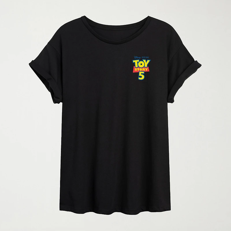Woodie, Buzz, And Friends Womens Juniors Crew Neck Short Sleeve Oversized Buzz Lightyear Toy Story Woody Graphic T-Shirt