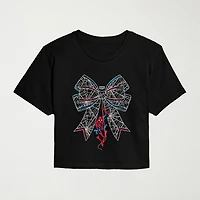 Cute Web Bow Cropped Womens Juniors Crew Neck Short Sleeve Classic Fit Marvel Spiderman Graphic T-Shirt