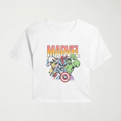 Vintage Faded Cropped Womens Juniors Crew Neck Short Sleeve Classic Fit Avengers Marvel Graphic T-Shirt