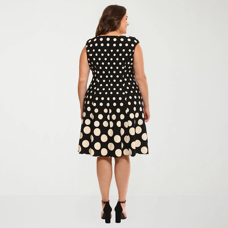 London Times Womens Plus Round Neck Sleeveless Cap Polka Dot Fit + Flare Dress