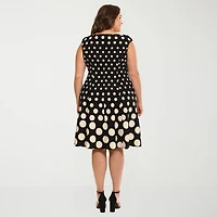 London Times Womens Plus Round Neck Sleeveless Cap Polka Dot Fit + Flare Dress