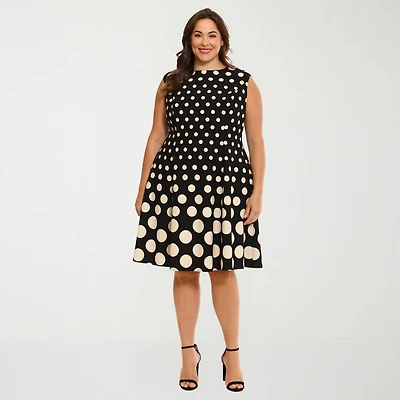 London Times Womens Plus Round Neck Sleeveless Cap Polka Dot Fit + Flare Dress
