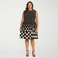 London Times Womens Plus Round Neck Sleeveless Cap Polka Dot Fit + Flare Dress