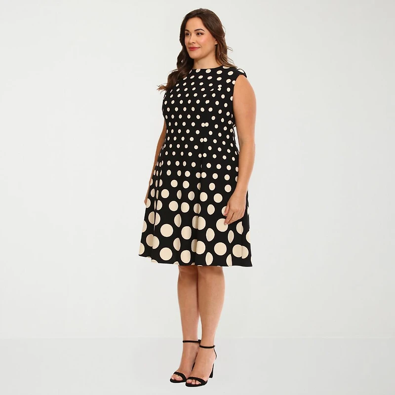 London Times Womens Plus Round Neck Sleeveless Cap Polka Dot Fit + Flare Dress