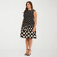 London Times Womens Plus Round Neck Sleeveless Cap Polka Dot Fit + Flare Dress