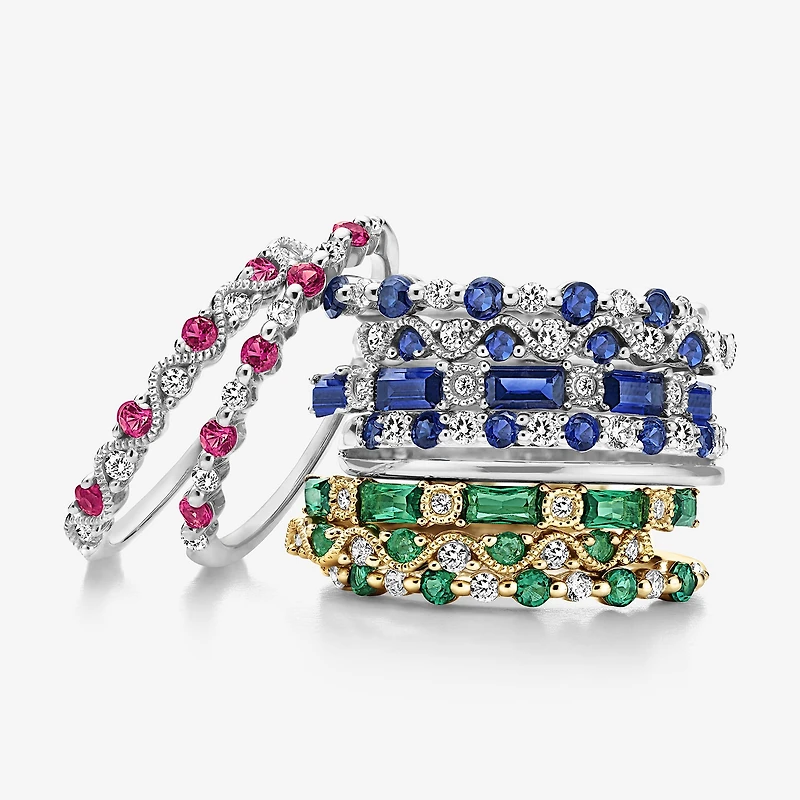 Modern Bride Lab-Created Gemstone and 1/10 CT.T.W. Lab-Grown Diamond 2MM Wedding Band in 10K Gold