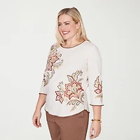 Alfred Dunner Spice Market Womens Crew Neck 3/4 Sleeve T-Shirt