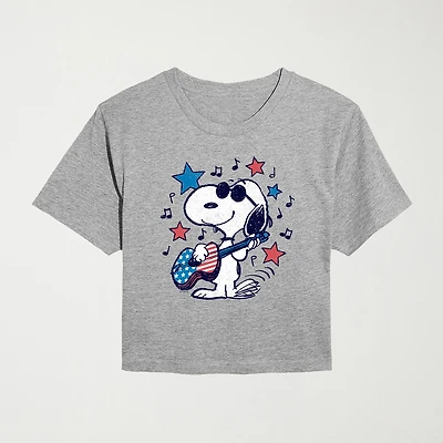 Americana Guitar Cropped Womens Juniors Crew Neck Short Sleeve Classic Fit Peanuts Snoopy Graphic T-Shirt