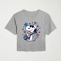 Americana Guitar Cropped Womens Juniors Crew Neck Short Sleeve Classic Fit Peanuts Snoopy Graphic T-Shirt