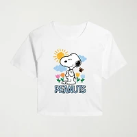 Sketchy Spring Cropped Womens Juniors Crew Neck Short Sleeve Classic Fit Peanuts Snoopy Graphic T-Shirt