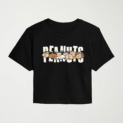 Ripped Logo Cropped Womens Juniors Crew Neck Short Sleeve Classic Fit Peanuts Snoopy Graphic T-Shirt