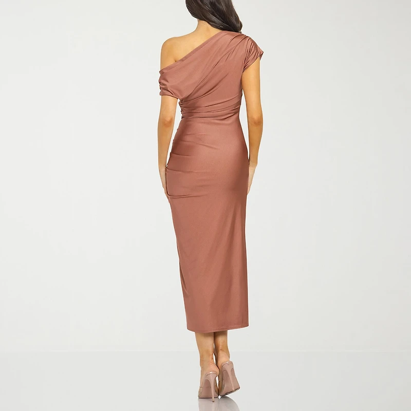 Premier Amour One Shoulder Womens Midi Asymmetrical Neck Short Sleeve Sheath Dress