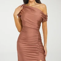 Premier Amour One Shoulder Womens Midi Asymmetrical Neck Short Sleeve Sheath Dress