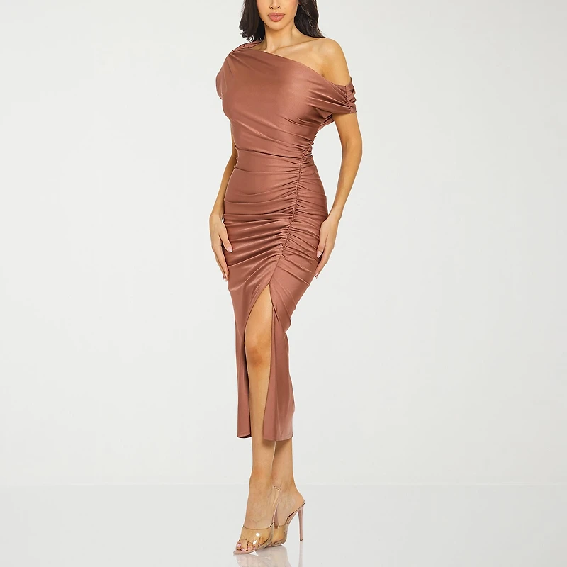 Premier Amour One Shoulder Womens Midi Asymmetrical Neck Short Sleeve Sheath Dress