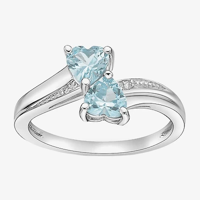 Womens Diamond Accent Lab Created Blue Aquamarine Sterling Silver Side Stone Cocktail Ring