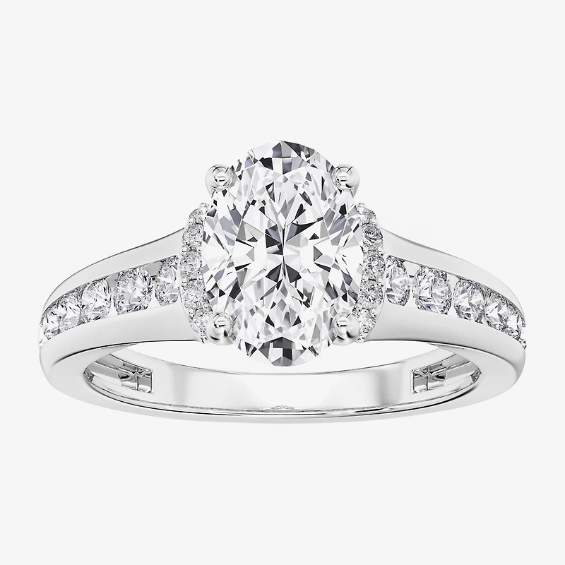 F / Vs2) Womens / CT. T.W. Lab Grown White Diamond 10K Gold Oval Side Stone Engagement Ring