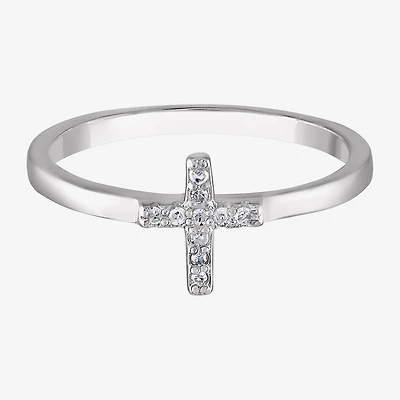 Girls White Diamond Sterling Silver Cross Delicate Cocktail Ring
