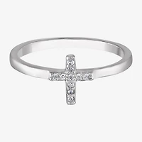 Girls White Diamond Sterling Silver Cross Delicate Cocktail Ring