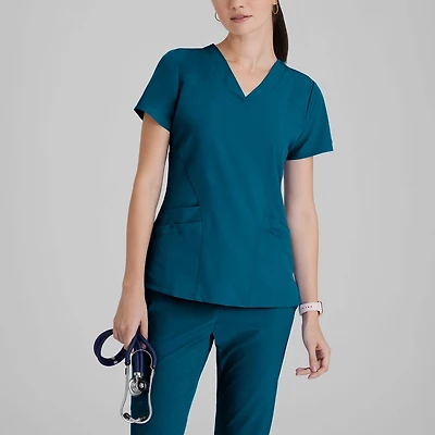 Barco One 5106 Pulse 5-Pocket Womens V Neck Short Sleeve Tag Free Stretch Fabric Moisture Wicking Scrub Top