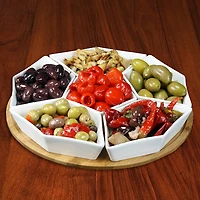 Elama Signature 12 Inch 7pc Condiment Server Set with a Bamboo Lazy Suzan Serving Tray