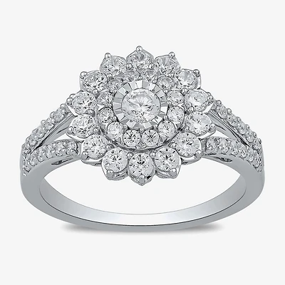 Womens 1 CT. T.W. Lab Grown White Diamond 10K Gold Side Stone Cocktail Ring