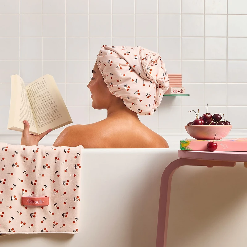 Kitsch Satin-Lined Flexi Shower Cap- Cherry Print