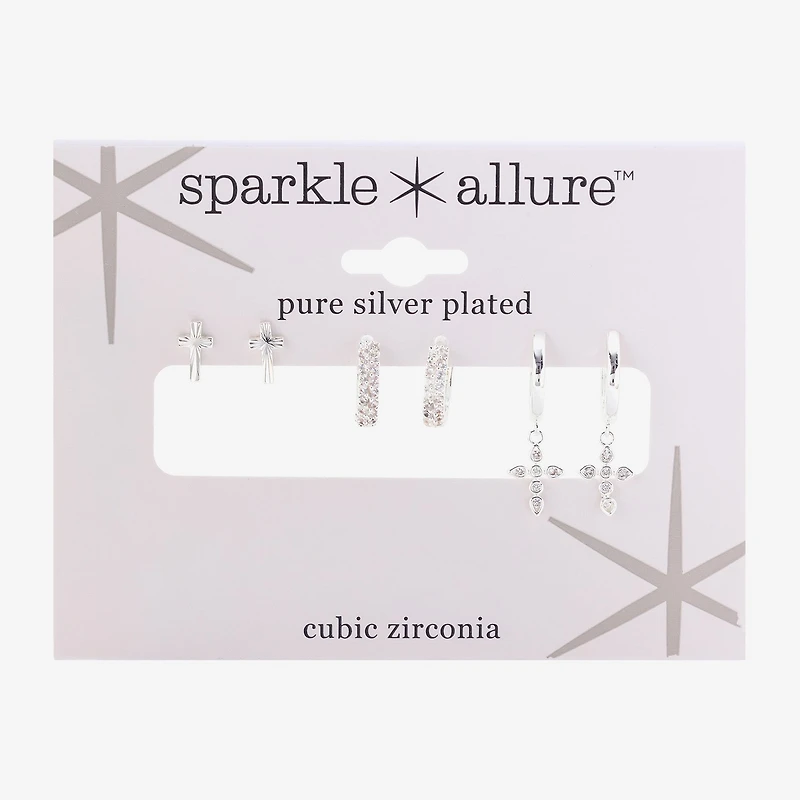 Sparkle Allure Womens Genuine Cubic Zirconia Cross 3 Pair Earring Set